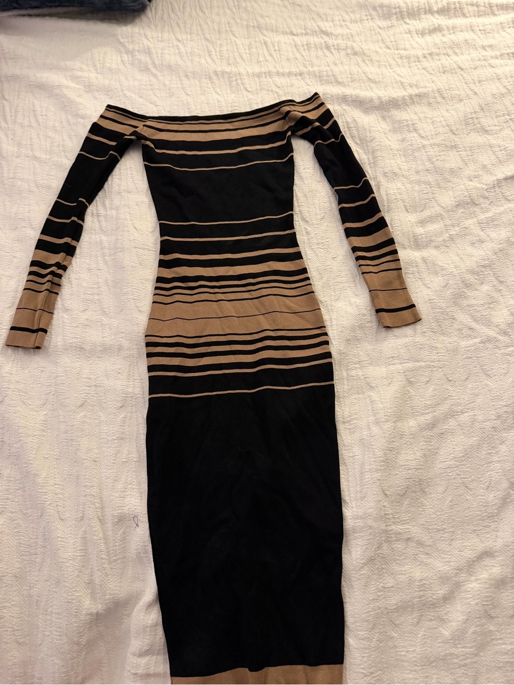 Fashion nova Off-Shoulder Striped Bodycon Dress in Black and Tan